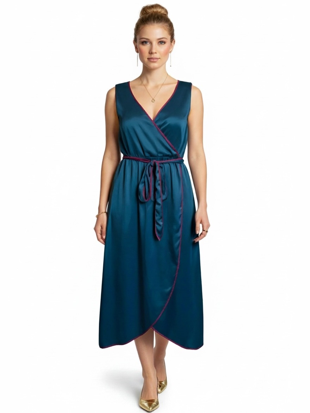 ModCloth Sleeveless Teal Fairycore V-Neck Satin Finish Wrap Dress Women’s Size L
